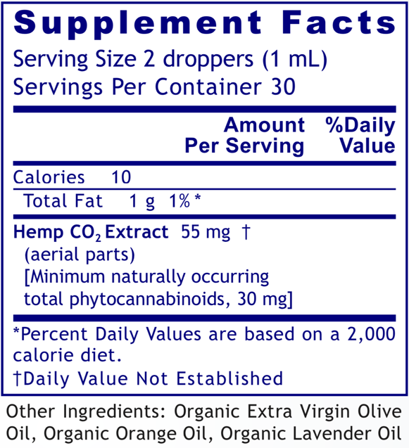Nutrition Label for QNL Hemp Extract